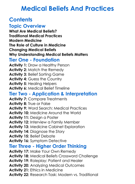 Medical Beliefs And Practices Worksheet Activity Booklet