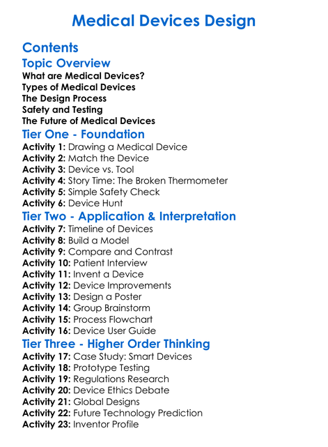 Medical Devices Design Worksheet Activity Booklet