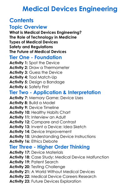 Medical Devices Engineering Worksheet Activity Booklet