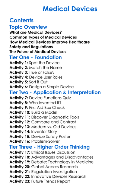 Medical Devices Worksheet Activity Booklet