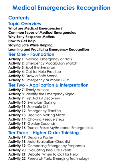 Medical Emergencies Recognition Worksheet Activity Booklet