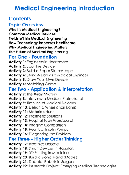 Medical Engineering Introduction Worksheet Activity Booklet