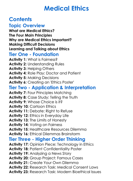 Medical Ethics Worksheet Activity Booklet