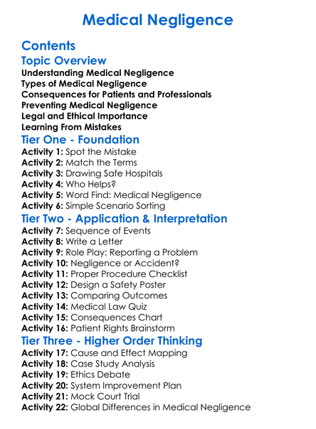 Medical Negligence Worksheet Activity Booklet
