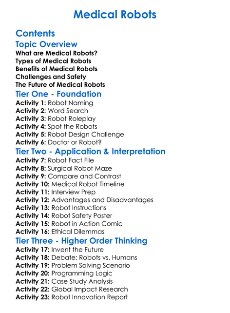Medical Robots Worksheet Activity Booklet