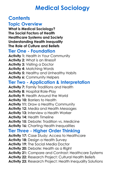 Medical Sociology Worksheet Activity Booklet