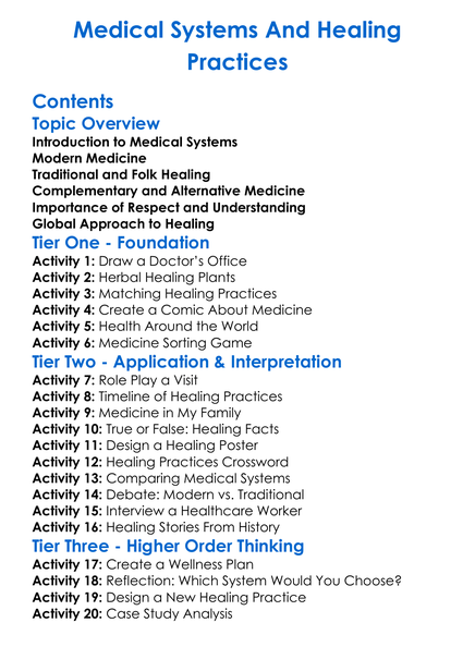 Medical Systems And Healing Practices Worksheet Activity Booklet