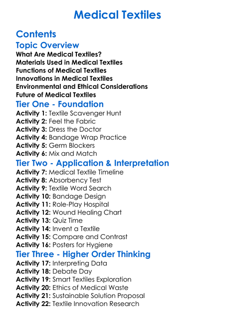 Medical Textiles Worksheet Activity Booklet