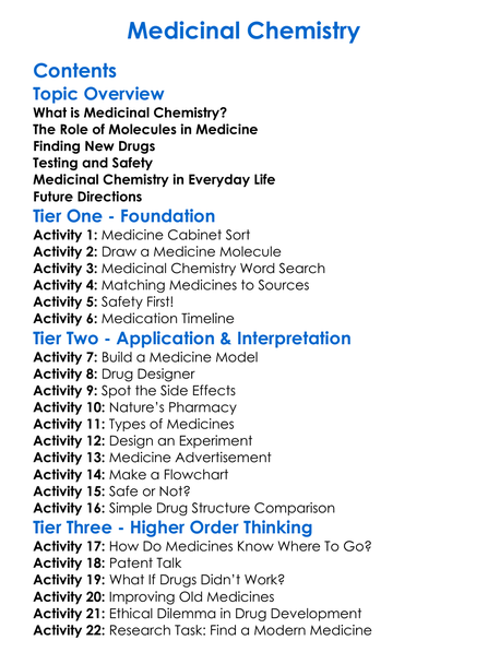 Medicinal Chemistry Worksheet Activity Booklet