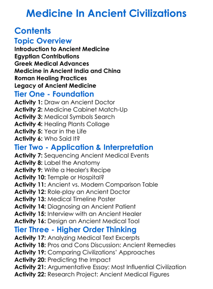 Medicine In Ancient Civilizations Worksheet Activity Booklet