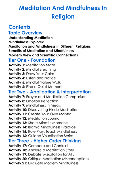 Meditation And Mindfulness In Religion Worksheet Activity Booklet