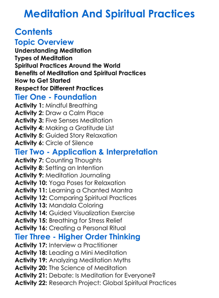 Meditation And Spiritual Practices Worksheet Activity Booklet
