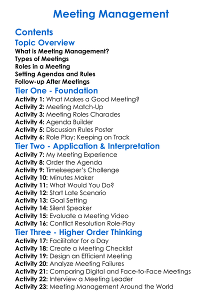 Meeting Management Worksheet Activity Booklet