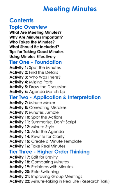 Meeting Minutes Worksheet Activity Booklet