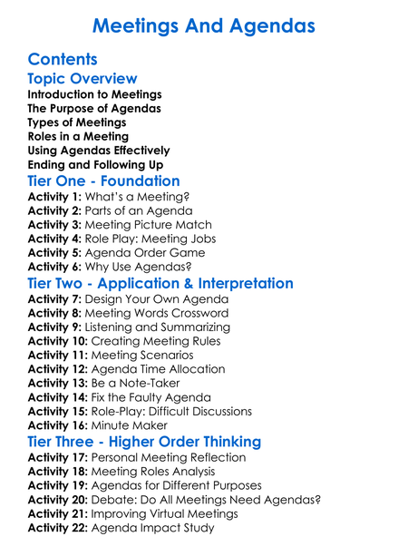 Meetings And Agendas Worksheet Activity Booklet