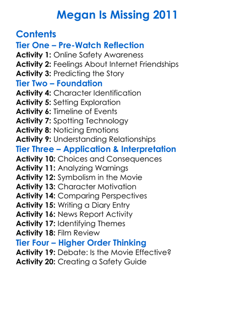 Megan Is Missing 2011 Worksheet Activity Booklet