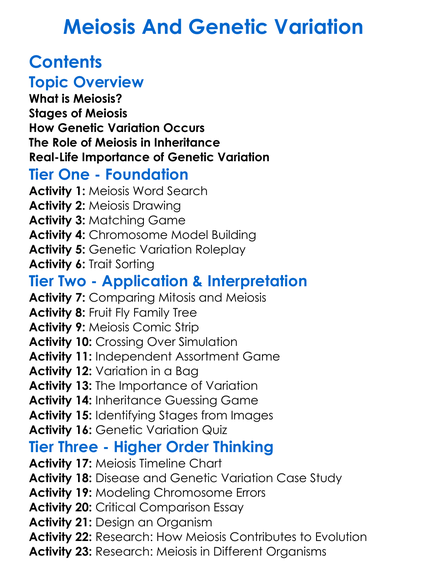 Meiosis And Genetic Variation Worksheet Activity Booklet