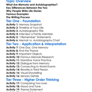 Memoir And Autobiography Worksheet Activity Booklet