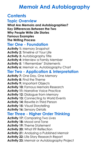 Memoir And Autobiography Worksheet Activity Booklet