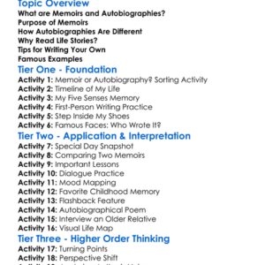 Memoirs And Autobiography Worksheet Activity Booklet