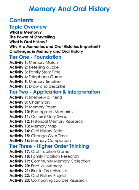 Memory And Oral History Worksheet Activity Booklet