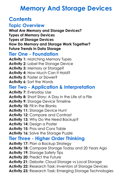 Memory And Storage Devices Worksheet Activity Booklet