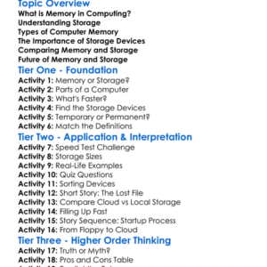 Memory And Storage Worksheet Activity Booklet