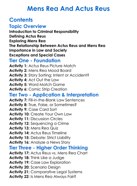 Mens Rea And Actus Reus Worksheet Activity Booklet