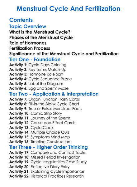Menstrual Cycle And Fertilization Worksheet Activity Booklet