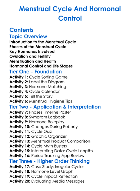 Menstrual Cycle And Hormonal Control Worksheet Activity Booklet