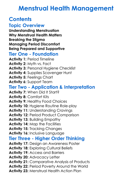 Menstrual Health Management Worksheet Activity Booklet