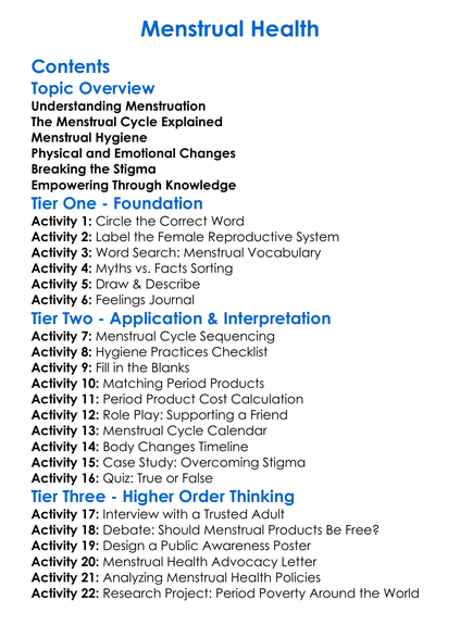 Menstrual Health Worksheet Activity Booklet