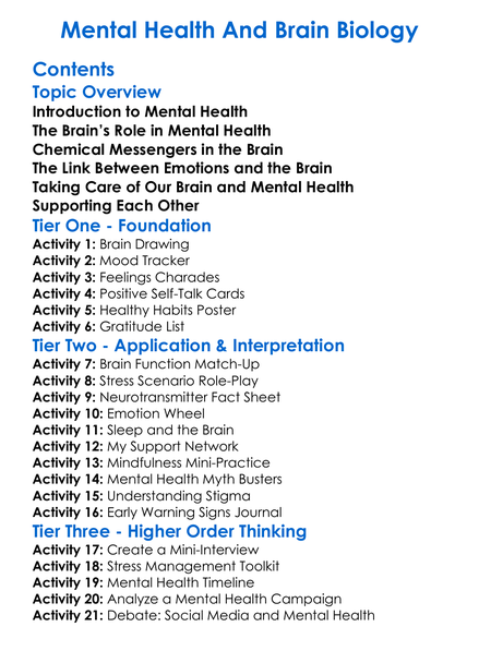 Mental Health And Brain Biology Worksheet Activity Booklet