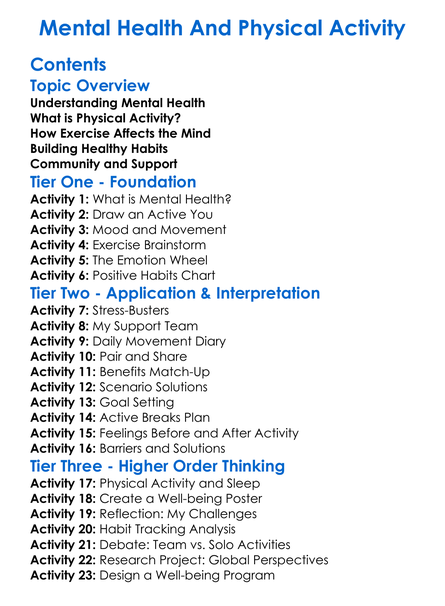 Mental Health And Physical Activity Worksheet Activity Booklet
