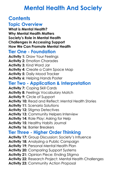 Mental Health And Society Worksheet Activity Booklet