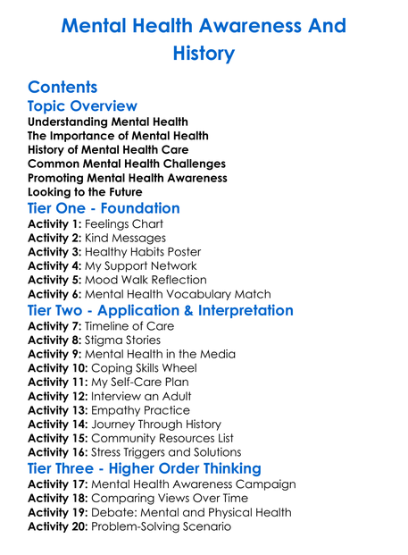 Mental Health Awareness And History Worksheet Activity Booklet