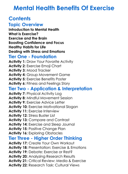 Mental Health Benefits Of Exercise Worksheet Activity Booklet