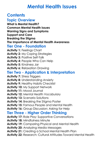 Mental Health Issues Worksheet Activity Booklet