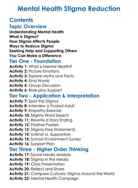 Mental Health Stigma Reduction Worksheet Activity Booklet