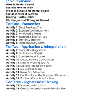 Mental Health Through Exercise Worksheet Activity Booklet