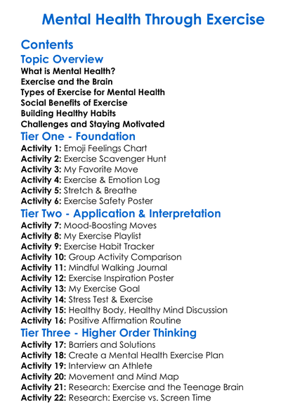Mental Health Through Exercise Worksheet Activity Booklet