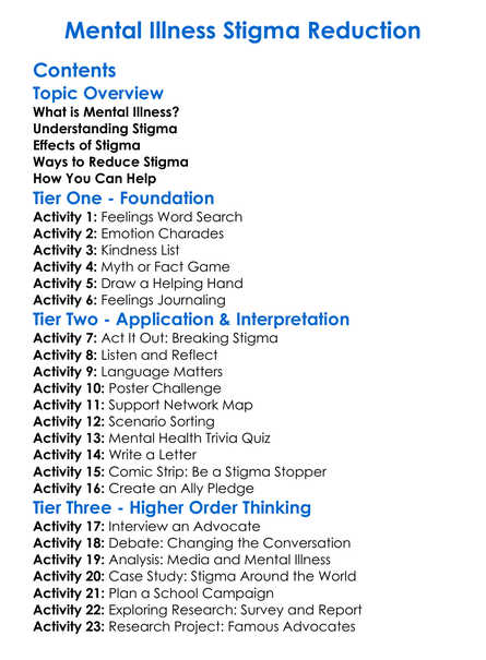 Mental Illness Stigma Reduction Worksheet Activity Booklet