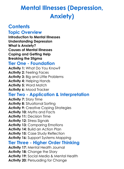 Mental Illnesses Depression Anxiety Worksheet Activity Booklet