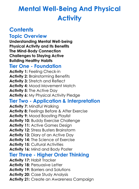 Mental Well-Being And Physical Activity Worksheet Activity Booklet