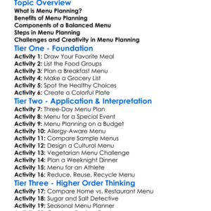 Menu Planning Worksheet Activity Booklet