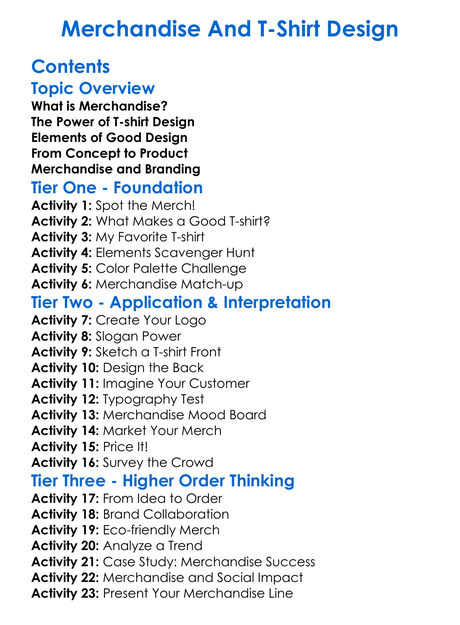 Merchandise And T-Shirt Design Worksheet Activity Booklet