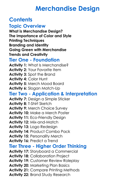 Merchandise Design Worksheet Activity Booklet