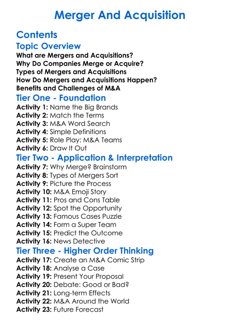 Merger And Acquisition Worksheet Activity Booklet