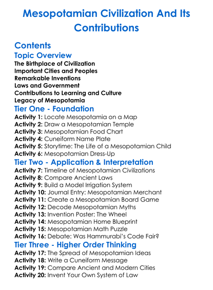 Mesopotamian Civilization And Its Contributions Worksheet Activity Booklet
