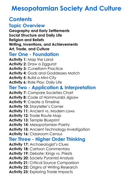 Mesopotamian Society And Culture Worksheet Activity Booklet